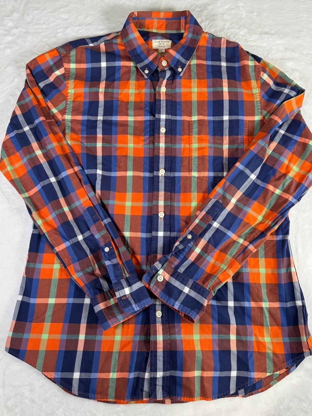Club Monaco Slim Fit Plaid Button Down Shirt Men’s Large Orange Blue Cotton